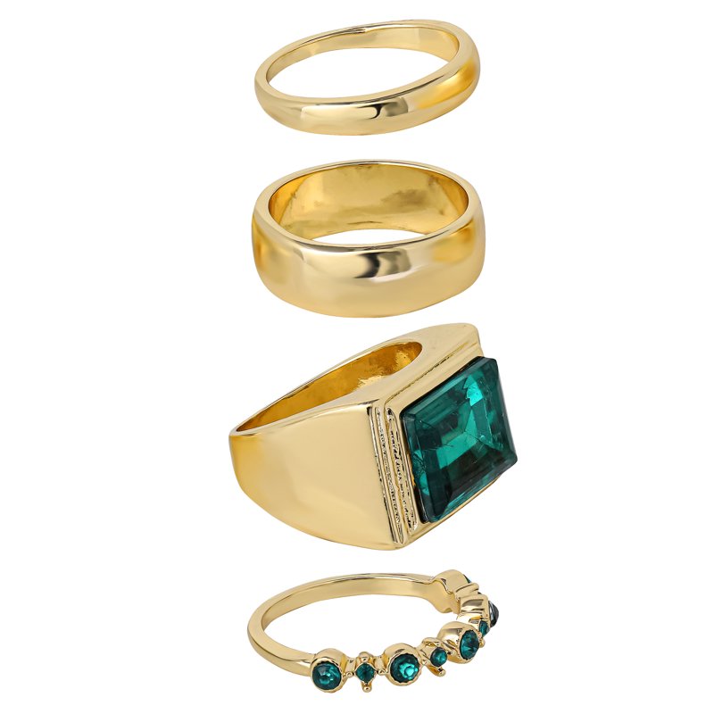 Jessica Simpson Women's 4-Pack Gold-Tone Stackable Ring Set with Emerald Stone