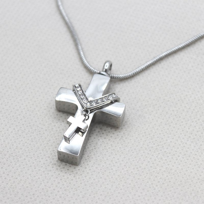 Silver Cross Cremation Necklace with Rhinestone Accents - Memorial Jewelry for Ashes