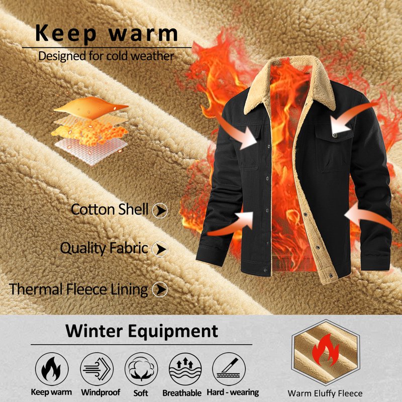 Men's Winter Trucker Jacket Thick Thermal Cotton Warm Fleece Lined Coat with Flap Pockets - Black XL