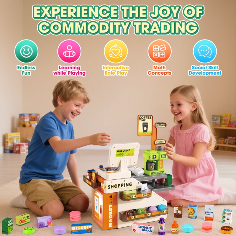 Kids Cash Register Play Set with Scanner & Play Food - Pretend Grocery Store Toy