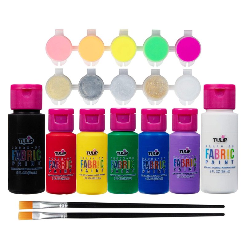 Fabric Paint Kit - 17 Neon, Metallic, Glitter Colors with 2 Brushes