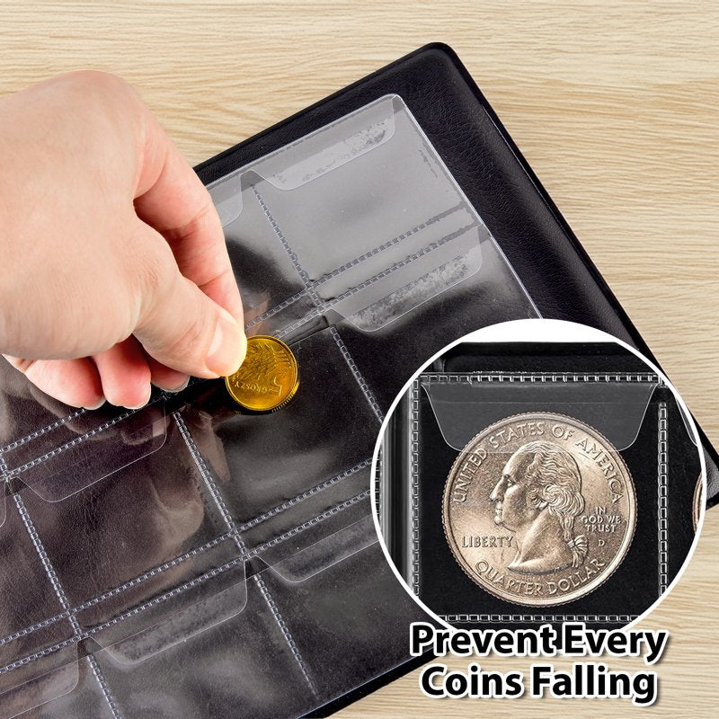 Coin Collection Organizer Album with 300 Transparent Sleeves - Black Earth Pattern