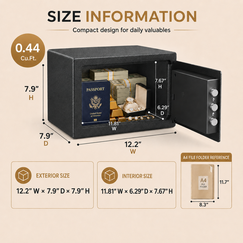 Biometric Security Safe Box 0.44 Cu Ft with Electronic Keypad Wall Mount & LED Light