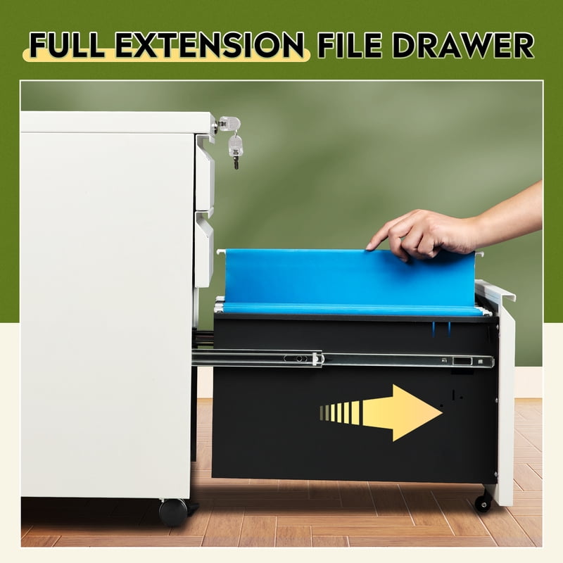 3 Drawer Metal File Cabinet with Lock - Rolling Office Storage, Fully Assembled