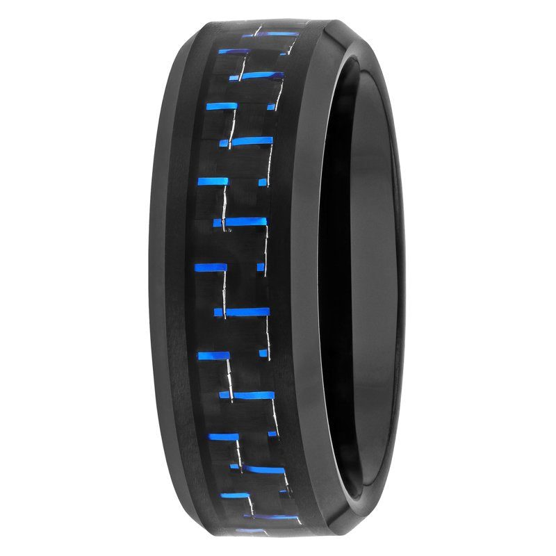 Men's Black & Blue Carbon Fiber Inlaid Tungsten Wedding Band - Adjustable Size