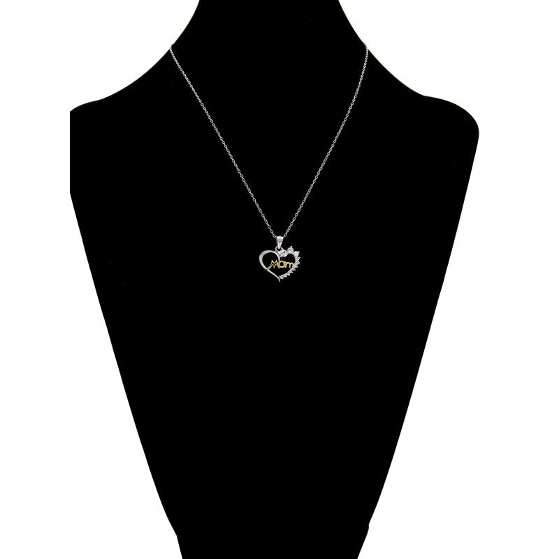 Sterling Silver and 14K Gold Flash Mom Heart Necklace with Simulated Diamonds