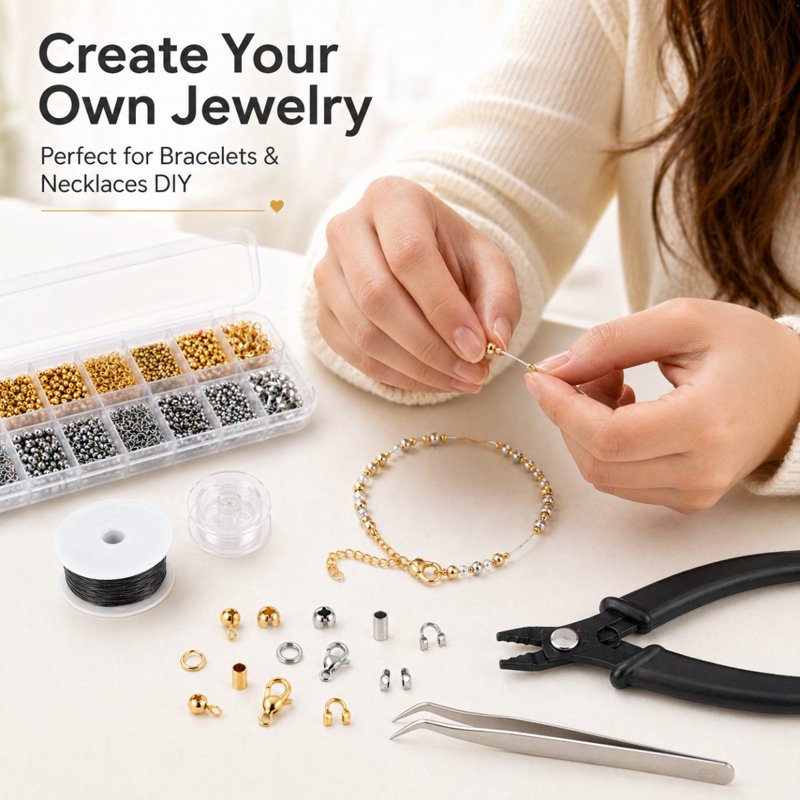 Jewelry Making Crimp Beads Set with Pliers 1200 Pieces for DIY Bracelets & Necklaces