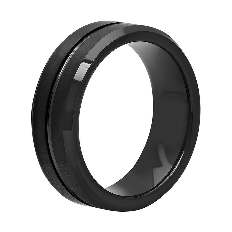 Men's Tungsten Wedding Band 8MM Grooved Comfort Fit Mens Ring - Black Silver
