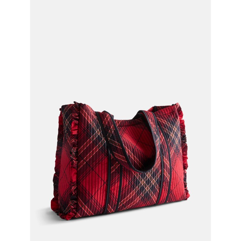 Women’s Quilted Tote Bag with Allover Print & Gingham Accents - Multiple Colors