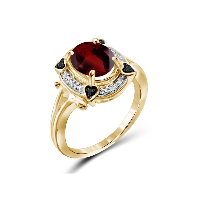 Genuine Garnet Cluster Ring with Black & White Diamonds - 14K Gold Plated Silver, Size 6