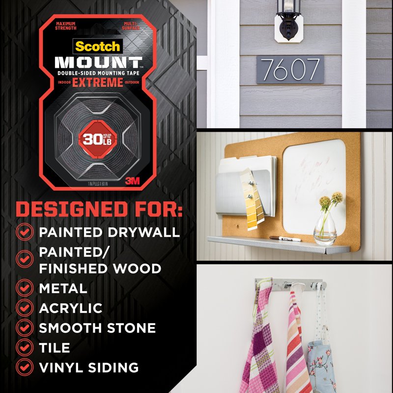 Heavy Duty Double-Sided Mounting Tape - Indoor & Outdoor Use, 3 Rolls, Holds 30 lbs