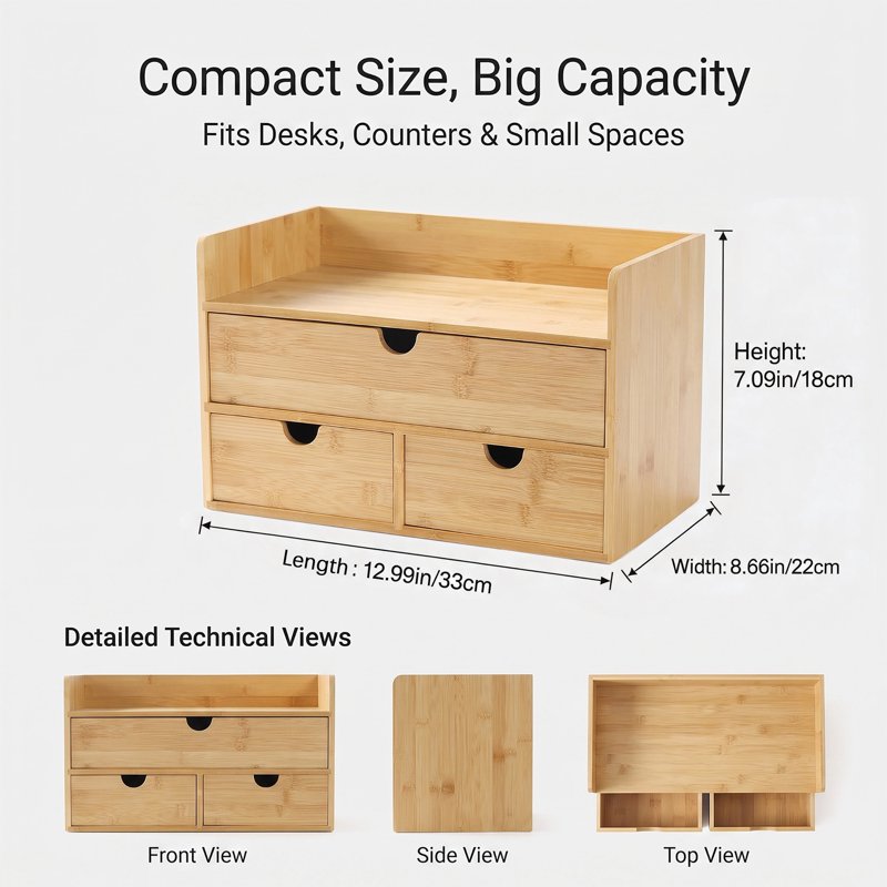 Bamboo Desk Organizer with 3 or 2 Drawers for Office Supplies & Makeup Accessories