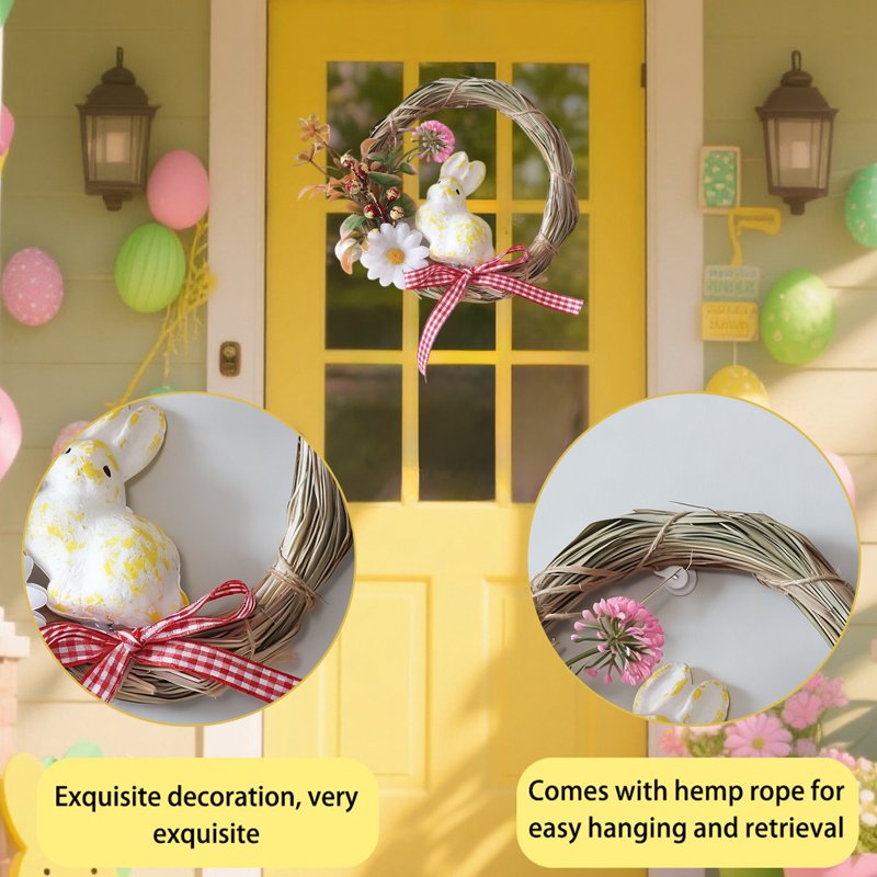 Easter Bunny Rattan Wreath Decoration - Spring Door Hanging with Eggs & Leaves
