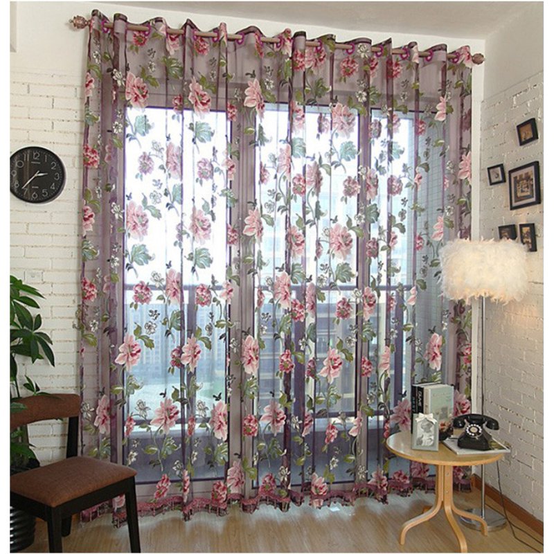 Sheer Floral Curtains 96 Inch Length - Purple & Pink Window Drapes