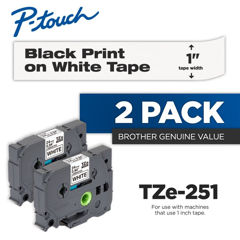 Brother TZe-251 2-Pack Laminated Label Tape for P-Touch, Black on White, 0.94" x 26.2 ft