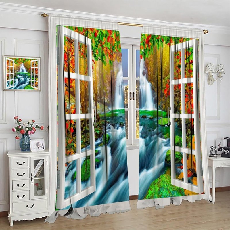 Autumn Landscape Blackout Curtains for Living Room - Fall Mountain Forest Lake Scene