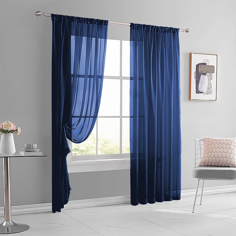 Semi Sheer Window Curtains for Bedroom & Living Room Rod Pocket Light Filtering Drapes - Navy, White, Black