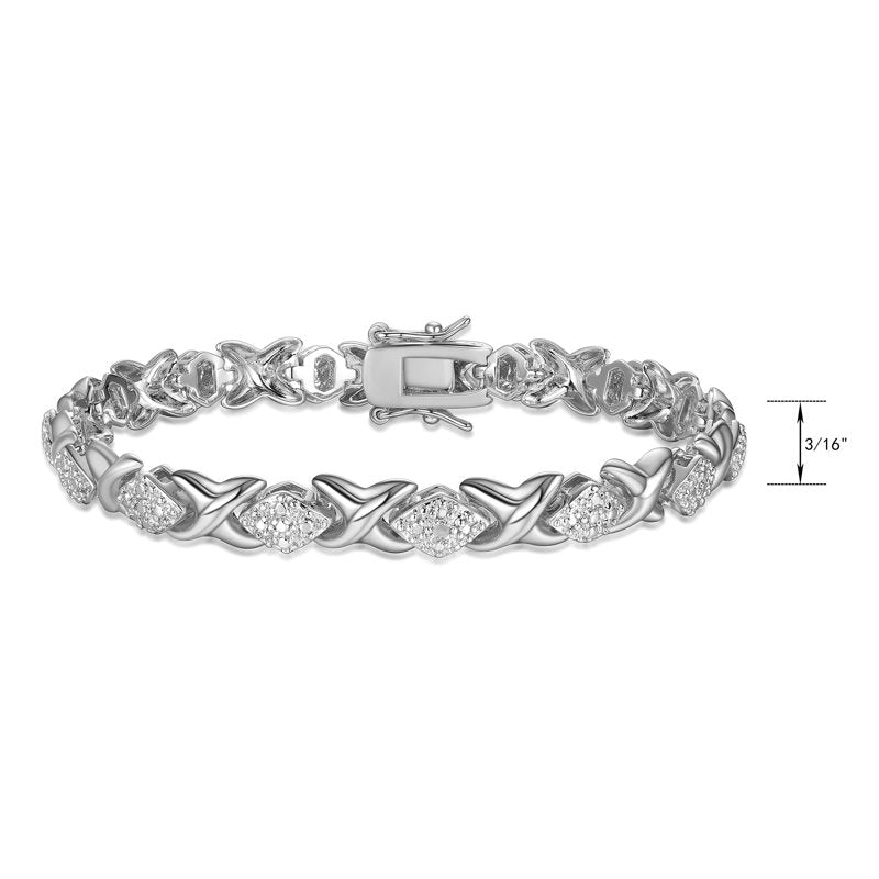 Silver Tone XO Diamond Shape Tennis Bracelet - 7.25 Inch Jewelry Gift