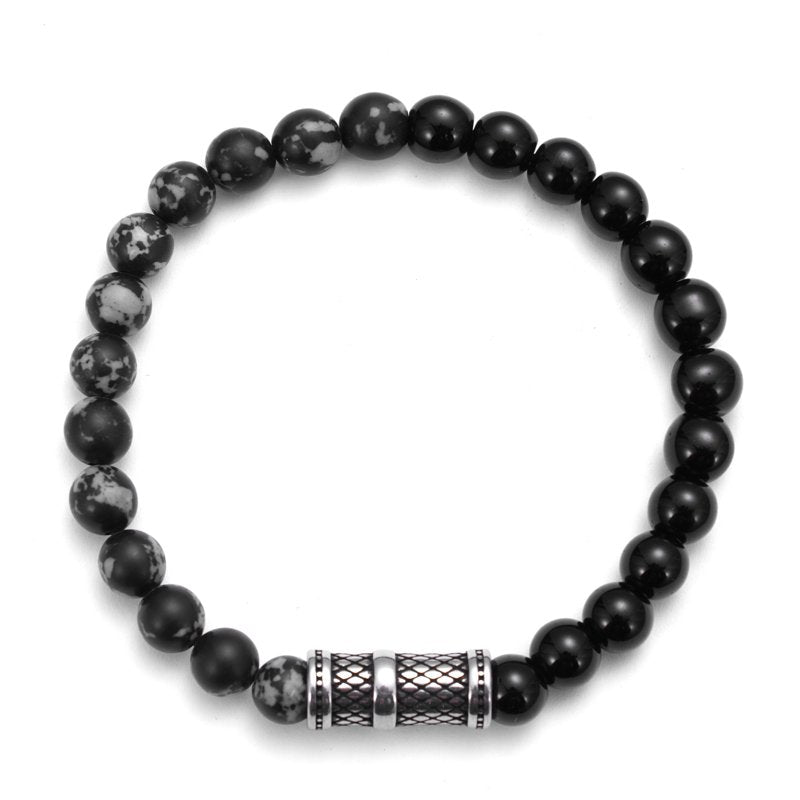Men's Black Onyx Bead Bracelet with Stainless Steel Accent