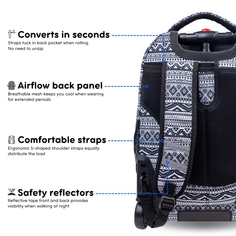 20-Inch Unisex Rolling Laptop Backpack with Multiple Compartments - Tribal Pattern