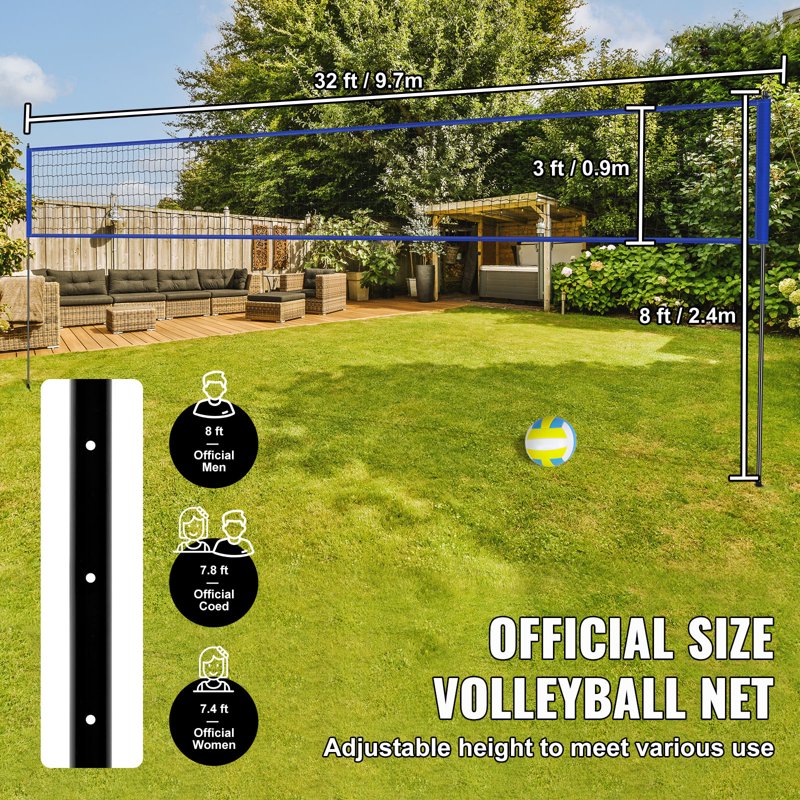 Portable Volleyball Net System 32ft x 3ft Adjustable Height with Poles, Carrying Bag & Accessories