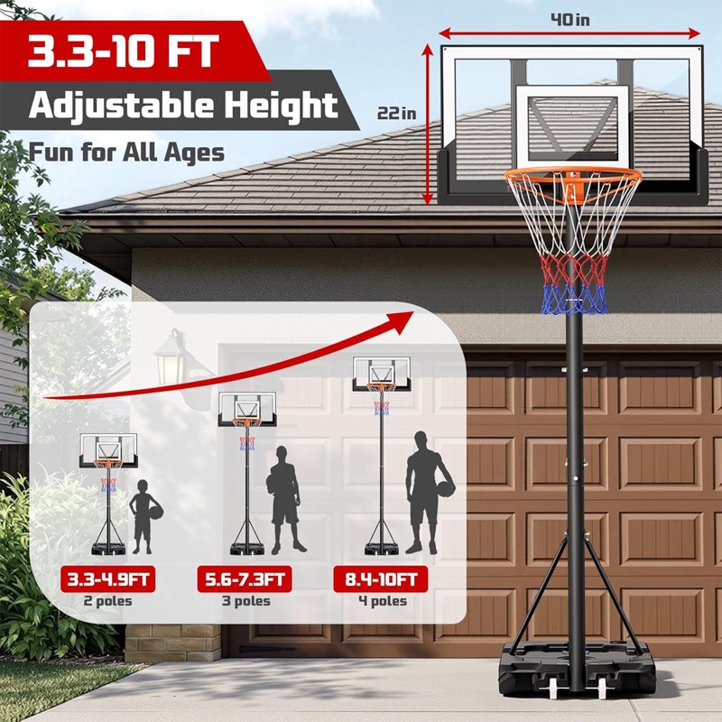 40-Inch Portable Basketball Hoop with Adjustable Height & Shatterproof Backboard