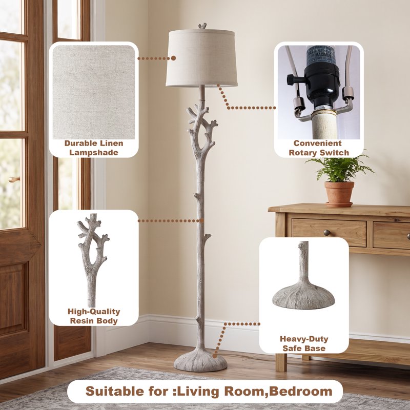 Farmhouse Floor Lamp with Tree Trunk Design and Wood Grain Finish – Rustic Standing Lamp for Living Room and Bedroom
