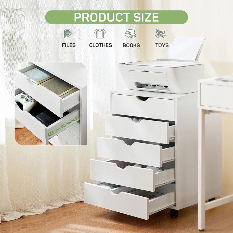 5-Drawer Wooden File Cabinet with Lockable Wheels - Home Office Storage Organizer