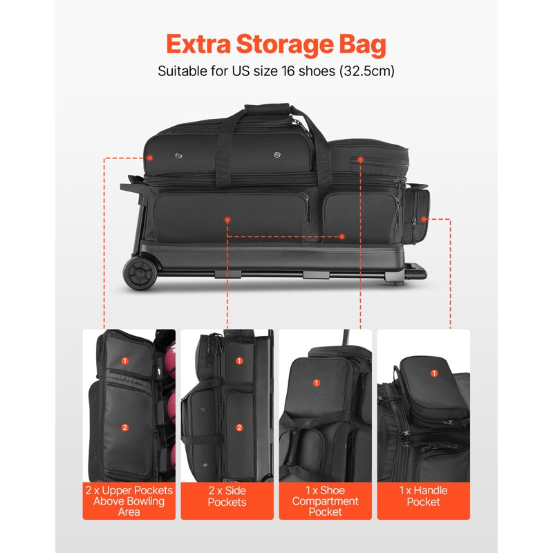 Bowling Ball Bag with Wheels - 3-Ball Roller with Shoe Compartment & Adjustable Handle