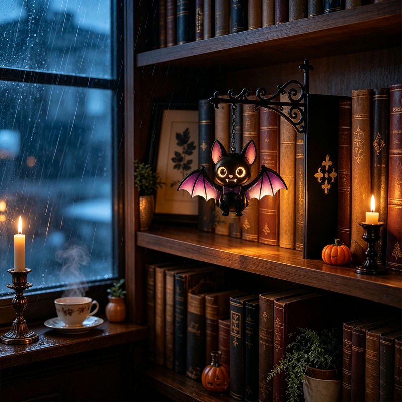Bat Variation Halloween Bookshelf Lamp - Vintage Ghost Library Light with Bookend Base