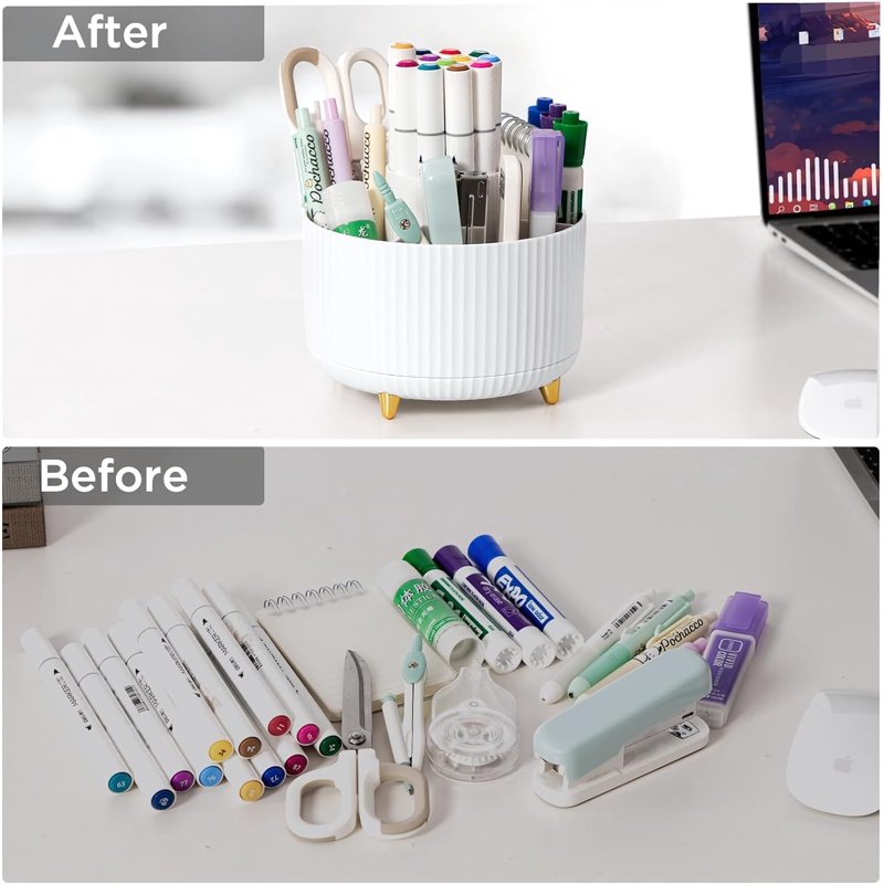 7-Piece Desk Organizer Set with Rotating Pen Holder, Stapler, Tape Dispenser, Scissors, Binder Clips & Staples — Office Supplies