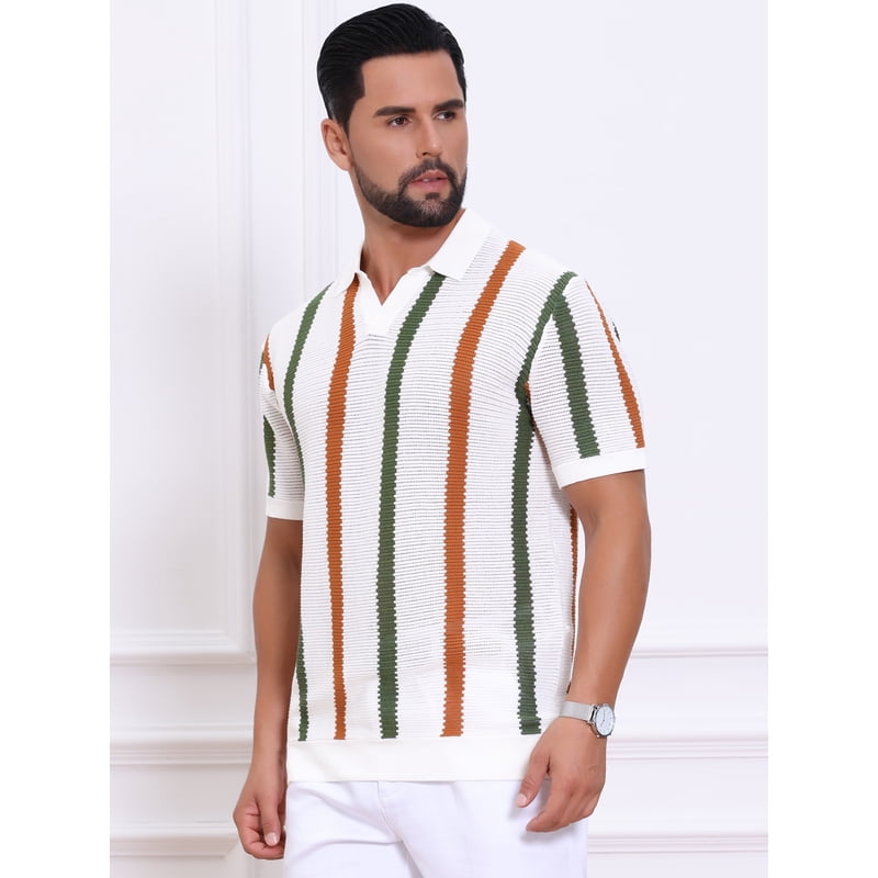 Daring Diva Men’s Hollow Knit V-Neck Polo Shirt, Short Sleeve, White, Size S