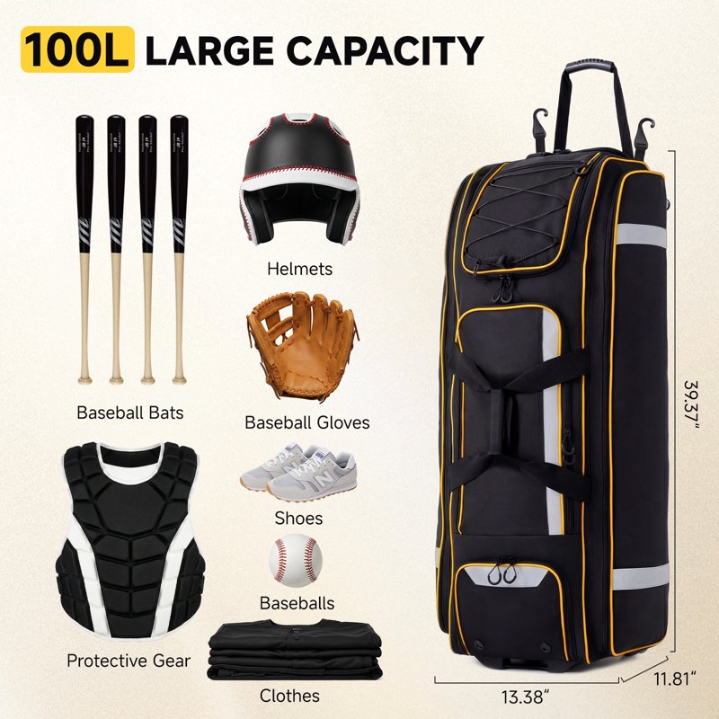 Large Rolling Baseball & Softball Equipment Bag with Wheels, 100L Capacity, Multiple Compartments & Hooks