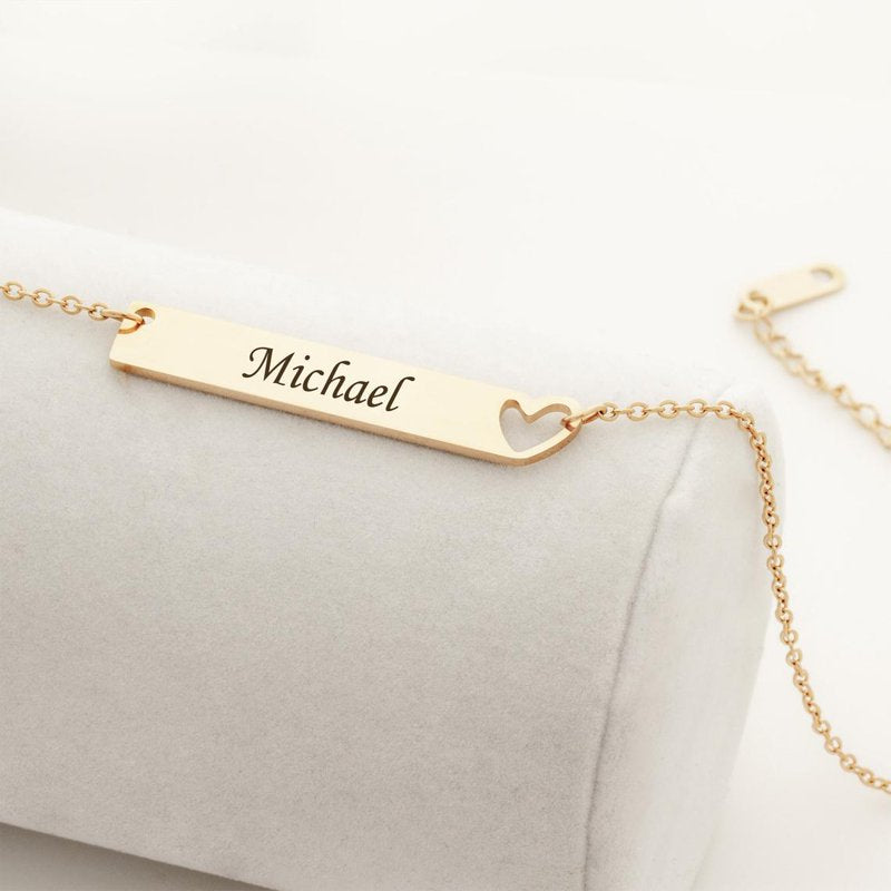Personalized Heart Name Necklace Gift for Mom Women Engravable Bar Silver Gold Rose Gold