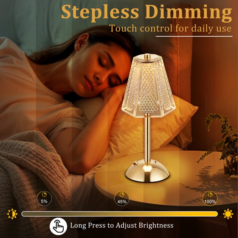 Wireless Dimmable LED Crystal Table Lamp with Touch Control - Rechargeable Night Light for Bedroom Living Room Kitchen