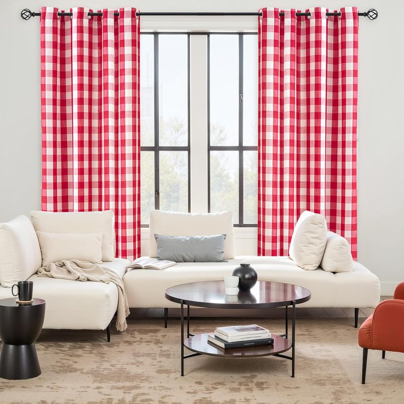 Buffalo Check Semi Sheer Curtain Panels Gingham Farmhouse Style Grommet Top Window Drapes