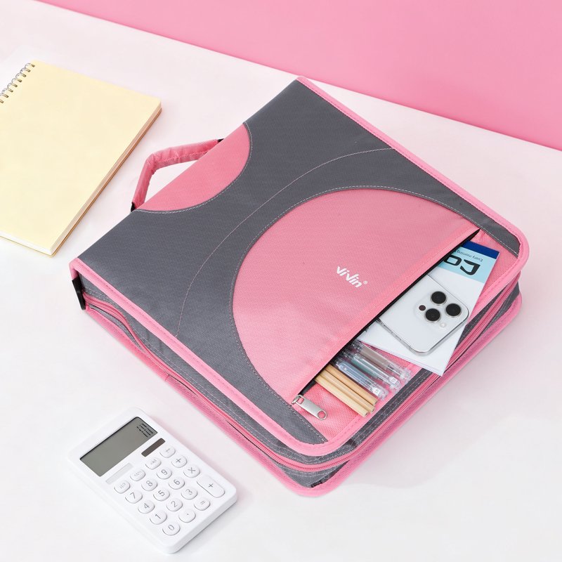 2-Inch Zipper Binder with O-Ring Mechanism and Multiple Pockets in Pink