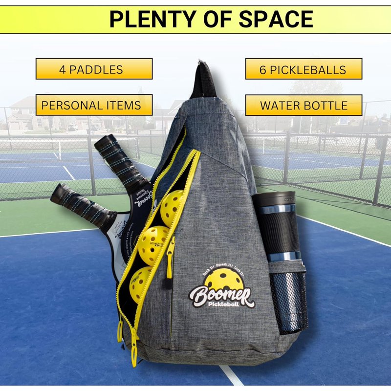 Charcoal Boomer Pickleball Sling Bag with Paddle Storage, 3 Zipper Compartments
