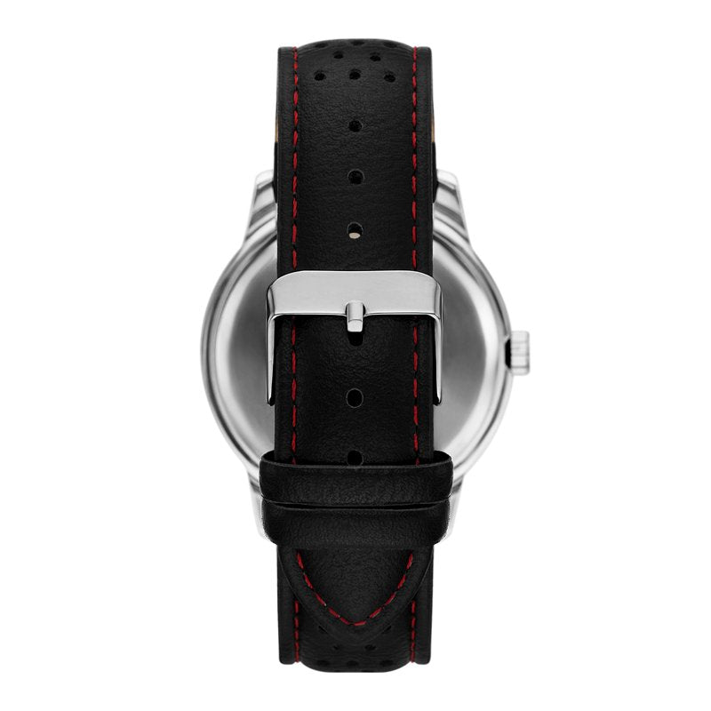 Men's Sporty Wristwatch with Black Dial and Perforated Faux Leather Strap - 43mm