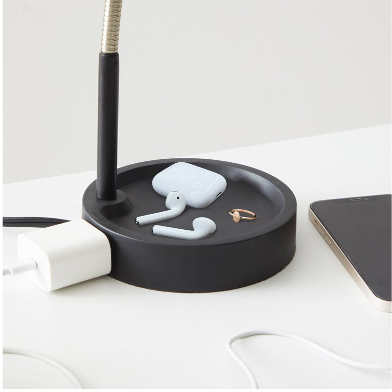 LED Desk Lamp with Catch-All Base & AC Outlet, Adjustable Metal Gooseneck