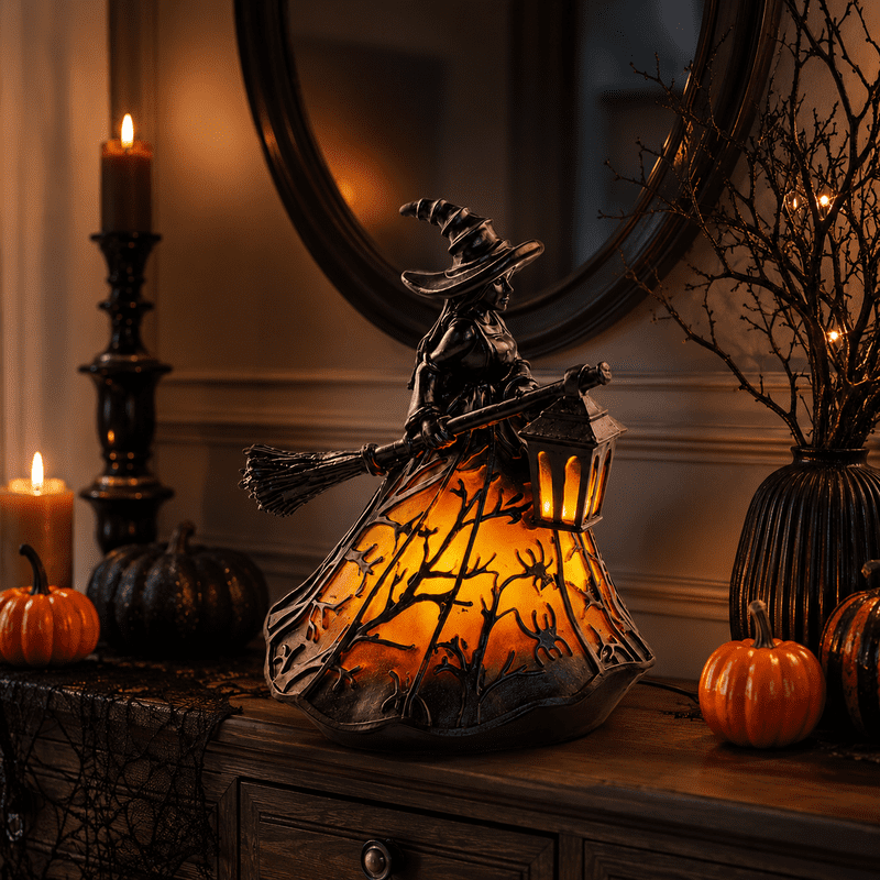 Halloween Witch Resin Lamp with Lights - Gothic Witch Decor for Home & Party