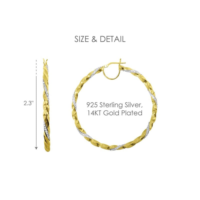 14K Gold Plated Sterling Silver Hoop Earrings with Crystals - Twisted Round Big Hoops for Women
