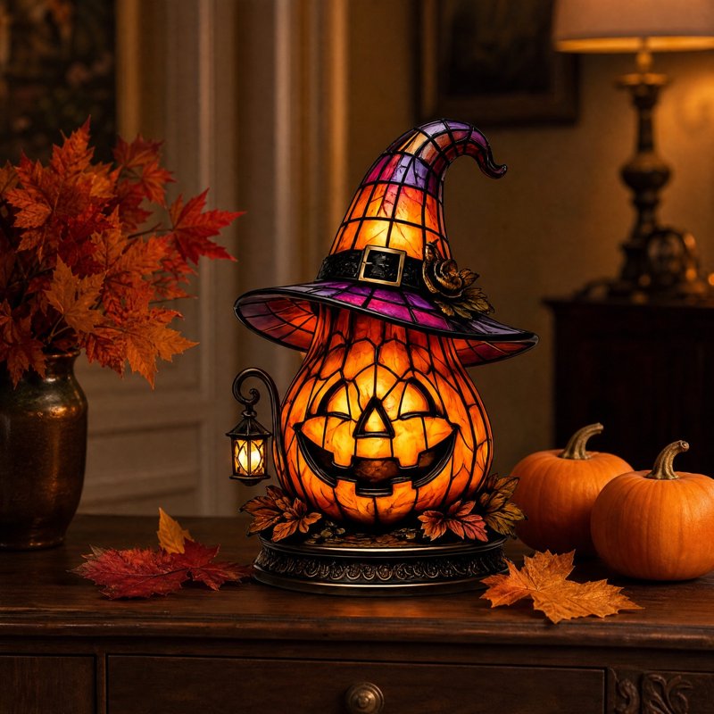 Halloween Pumpkin Table Lamp with Witch Hat - Indoor Decor Night Light