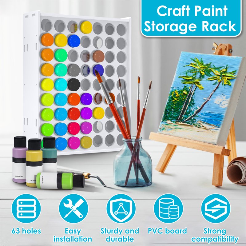 Wall-Mounted Paint Storage Organizer with 63 Holes for 2oz Craft Paint Bottles