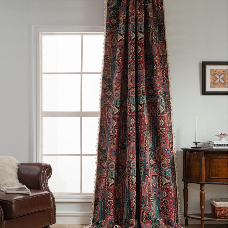Boho Geometric Pattern Semi-Sheer Curtain Panel with Tassels - Multiple Sizes