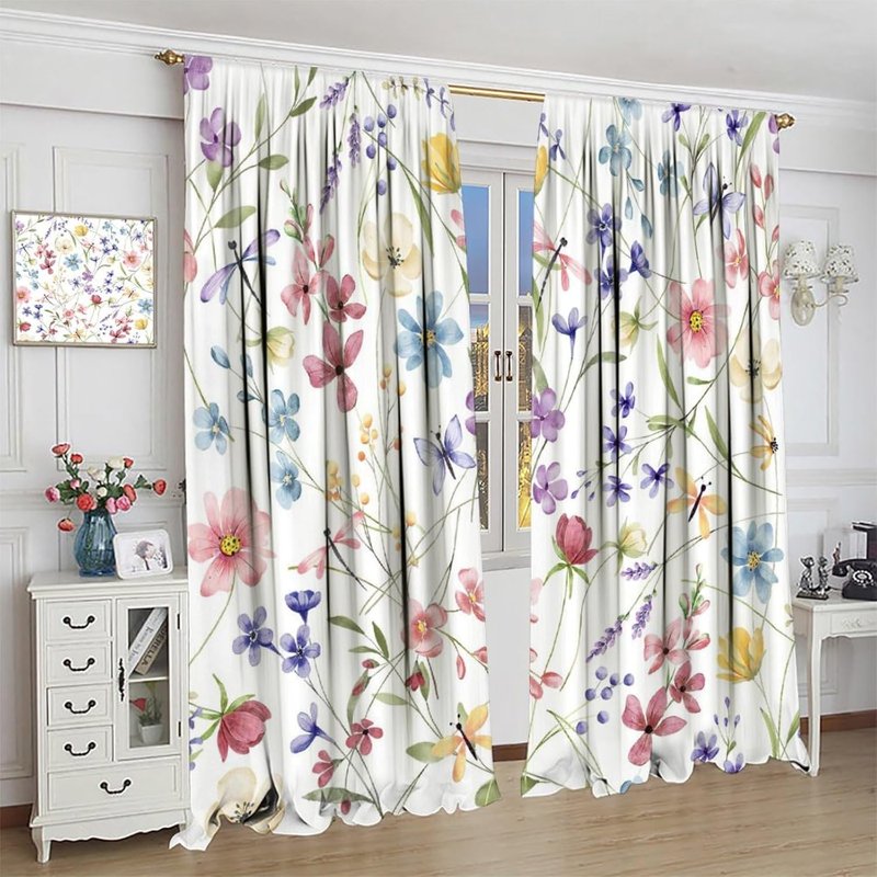 Colorful Floral Curtains Pack of 2 - Room Darkening Window Drapes for Bedroom, Living Room, Kitchen