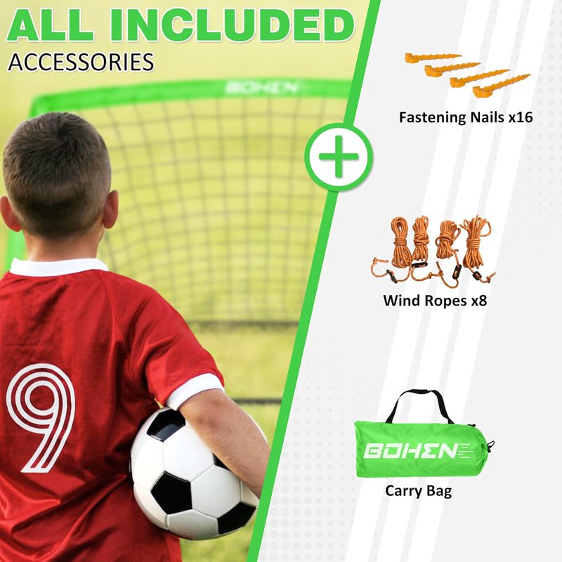 BOHEN 9x5ft Portable Soccer Goal Set - 2 Pack, Easy Fold, carrying bag, Green