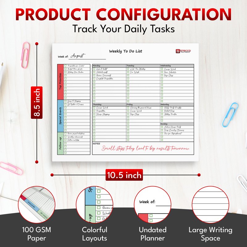Weekly Notepad Planner 8.5 x 10.5 Inch - 52 Sheets, Flexible Layout