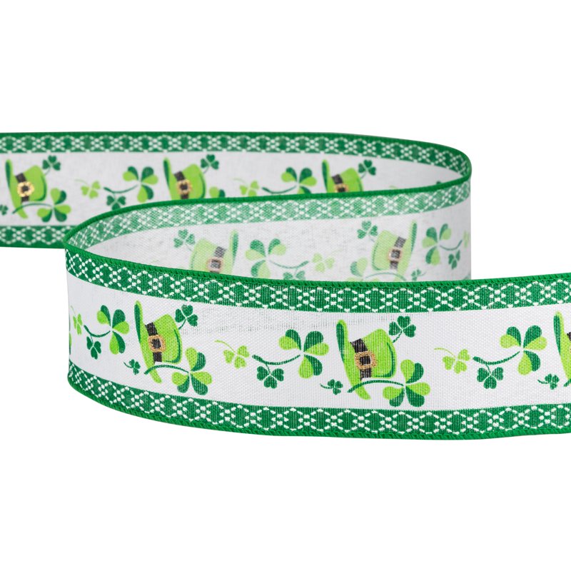 St. Patrick's Day Wired Craft Ribbon - Green Shamrocks & Leprechaun Hats, 2.5" x 10 Yards
