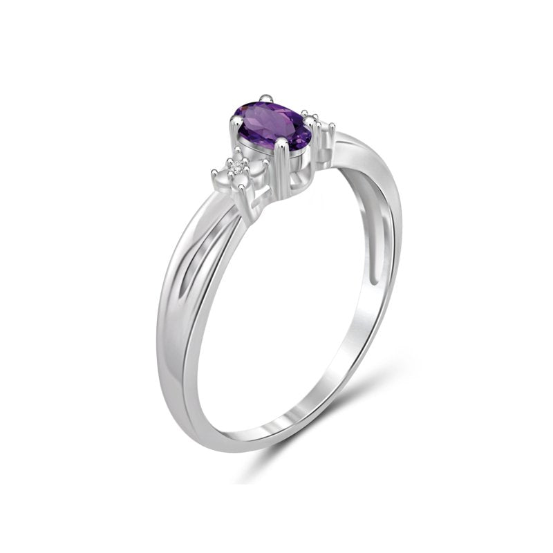 Sterling Silver Amethyst Ring with White Diamonds - Birthstone Jewelry for Women, Size 7